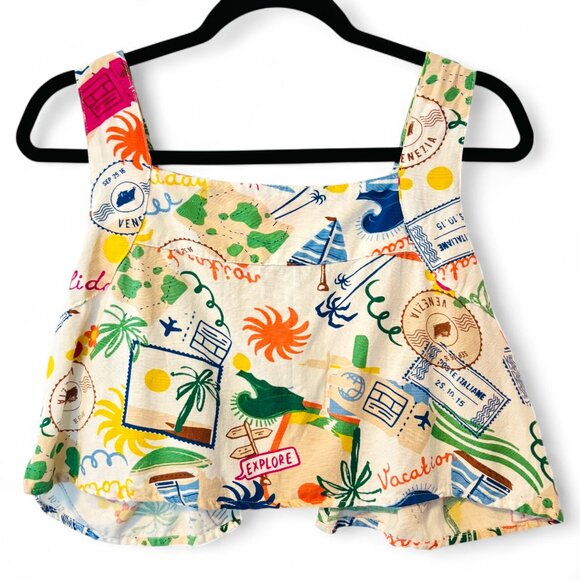 Japna Tops - Goa Beachwear by Japna Sz S Backless ‘Beach Vacation’ Print Crop Top